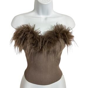 Taupe Knit Bandeau Tube Top Sz Small Faux Feather Sleeveless Stretch Ribbed